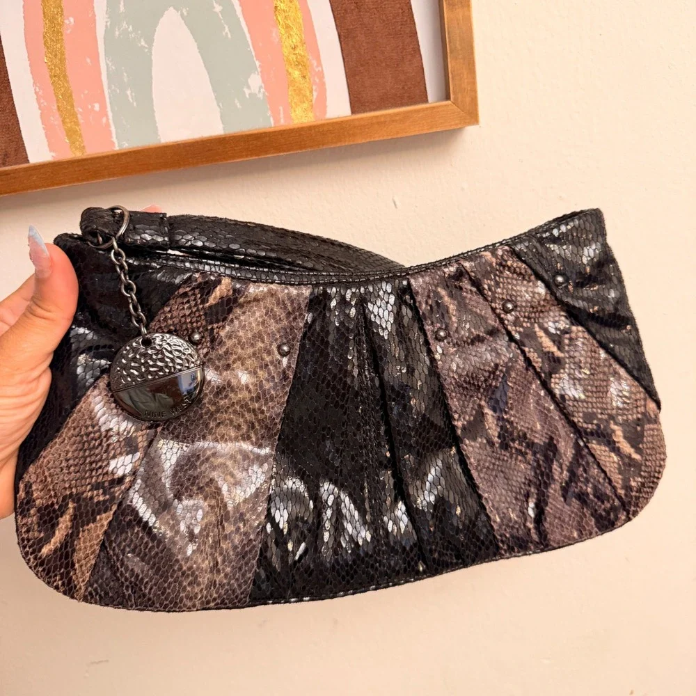 Nine West Clutch Bag Women Small Black Snakeskin Animal Print Pleated Evening